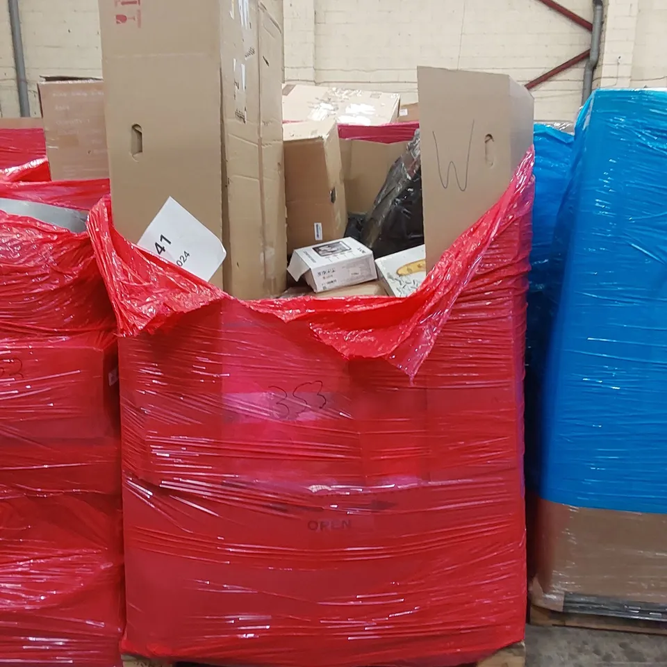 PALLET OF ASSORTED HOUSEHOLD ITEMS AND CONSUMER PRODUCTS TO INCLUDE; AIR FRYER, YOGA MAT, CHRISTMAS ADVENT CALENDARS, BOXED FURNITURE ETC 