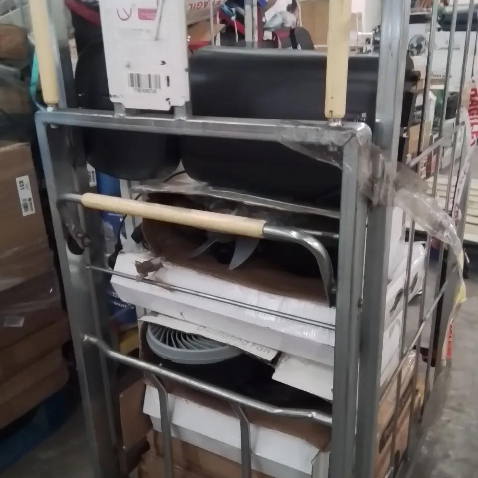 CAGE OF ASSORTED HOUSEHOLD GOODS AND PRODUCTS TO INCLUDE;FOLDING TABLE,BEER MACHINE,DUMBBELL,FAN,WEIGHTS