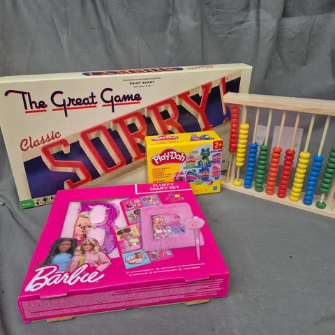 4 ASSORTED TOYS TO INCLUDE THE GREAT GAME CLASSIC SORRY!, BARBIE FLUFFY DIARY SET, PLAY-DOH SPARKLE COLLECTION