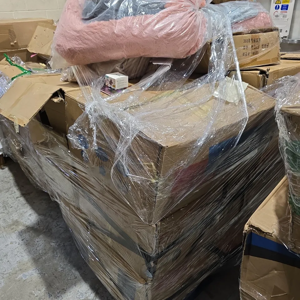 PALLET OF APPROXIMATELY 12 BOXES OF ASSORTED ITEMS INCLUDING DOG BED , FUN EGGS AND DECORATIVE WALL HANGING TILES