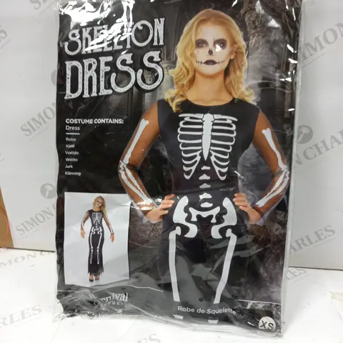 2 ASSORTED FANCY DRESS COSTUMES TO INCLUDE; SPOOKTACULAR CREATIONS SCVARY GHOST CHILD COSTUME SMALL AND SKELETON DRESS XS