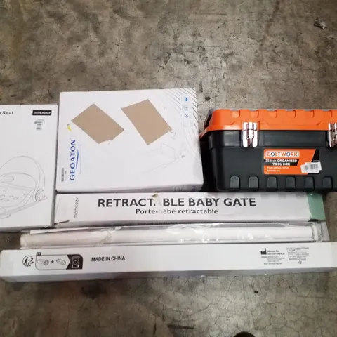 PALLET CONTAINING ASSORTED PRODUCTS INCLUDING 21" ORGANIZER TOOL BOX, RETRACTABLE BABY GATE, BIDET TOILET SEAT, ROLLER BLIND, TELESCOPIC ROD & BABY BATH SEAT