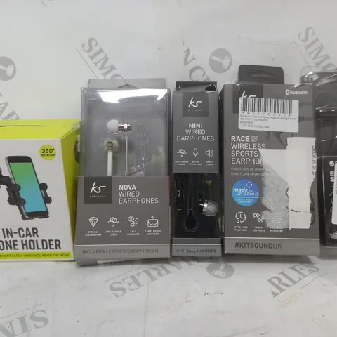 BOX OF APPROX. 20 SSORTED ITEMS TO INCLUDE - KITSOUND MINI WIERD EARPHONES - KITSOUND RACE 15 - KIT IN CAR PHONE HOLDER ECT