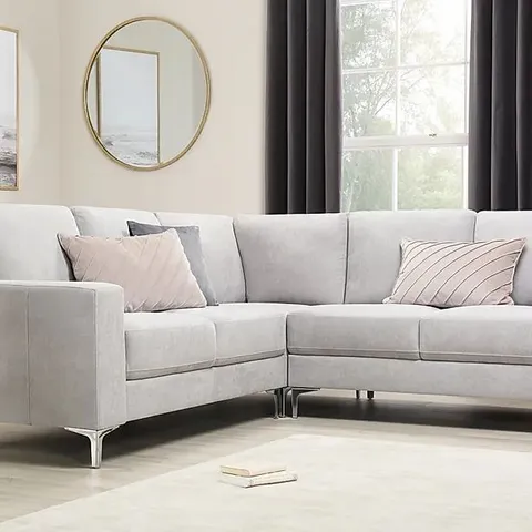 BOXED DESIGNER BALTIMORE PLUSH DOVE GREY FABRIC CORNER SOFA(3 BOXES)