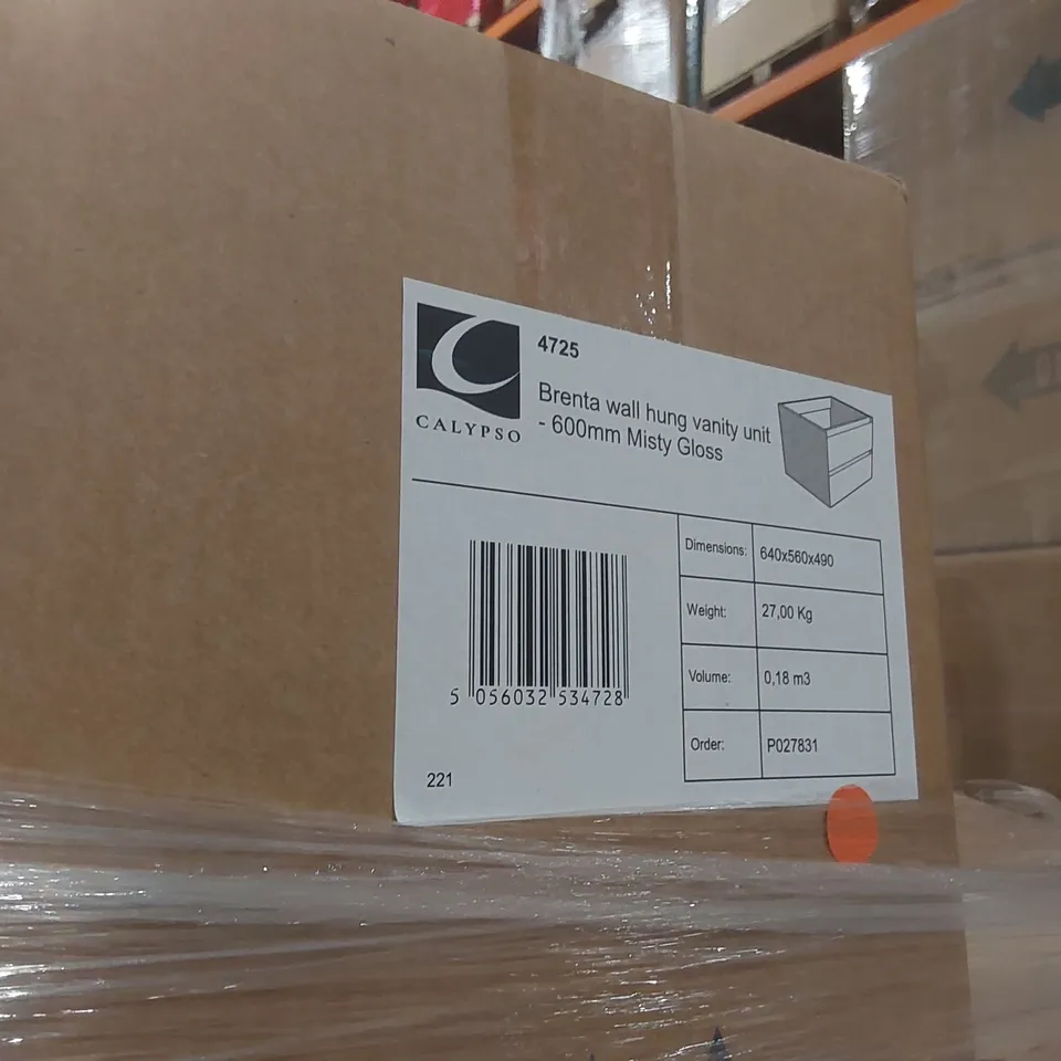 PALLET CONTAINING A LARGE QUANTITY OF ASSORTED BATHROOM FURNITURE PARTS INCLUDING: SAVENA SINGLE DRAWER VANITY BASES, BRENTA WALL HUNG VANITY BASE, CHELWORTH VANITY BASE, CALYPSO BASE CARCASS ECT