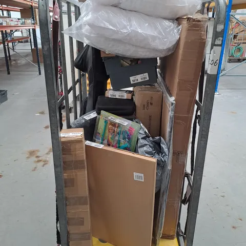 CAGE OF APPROX 15 ASSORTED ITEMS TOO INCLUDE MARLEY HEADPHONES , BARBIE DOLLS , NINJA AIR FRYER , ETC