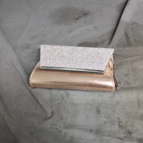 OIUZ ROSE-GOLD CLUTCH BAG WITH SILVER SEQUIN FLAP, CHAIN