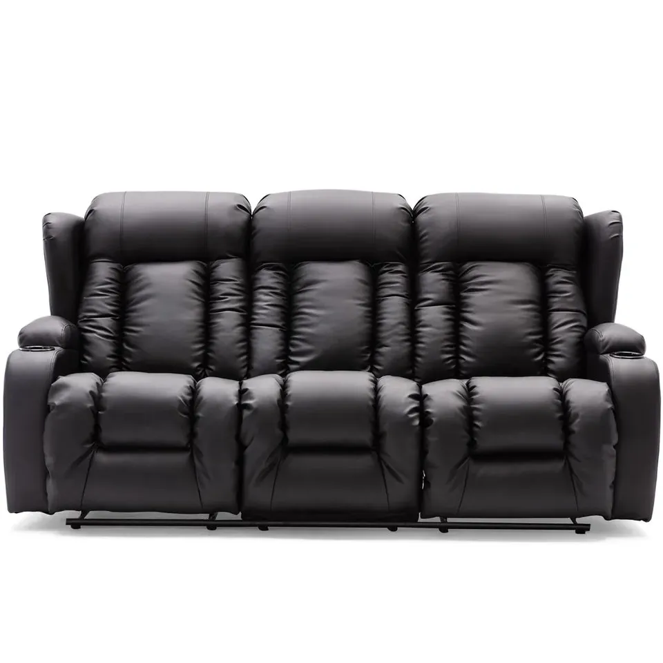 BOXED CAESER BLACK LEATHER ELECTRIC RECLINING THREE SEATER SOFA