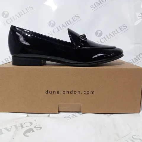 BOXED PAIR OF DUNE LONDON LOAFERS IN GLOSSY BLACK SIZE 6