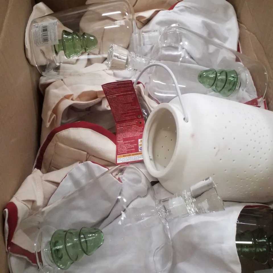 PALLET CONTAINING ASSORTED CHRISTMAS PRODUCTS & DECORATIONS INCLUDING GREEN TREE IN CLEAR BOTTLES, CHRISTMAS PAPER PADS, MACHE HOUSES & FELT GINGERBREAD LETTERS