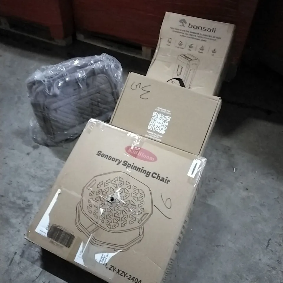 PALLET OF HOUSEHOLD ITEMS TO INCLUDE PAPER SHREDDER, MARLEY REVOLUTION, SENSORY SPINNING CHAIR, TRAVEL BAG AND OTHER ASSORTED ITEMS...
