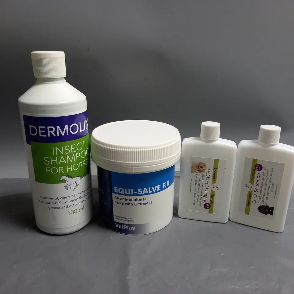 4 ASSORTED PET CARE PRODUCTS TO INCLUDE VETPLUS EQUI-SALVE F.R. EXTERNAL SALVE, DESHED SHAMPOO SAMPLE, DERMOLINE INSECT SHAMPOO FOR HORSES   