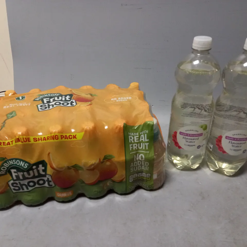 LOT OF APPROXMATELY 6 ITEMS TO INCLUDE  - SPARKLING APPLE & RASPBERRY FLAVOURED WATER AND ORANGE FRUIT SHOOT 