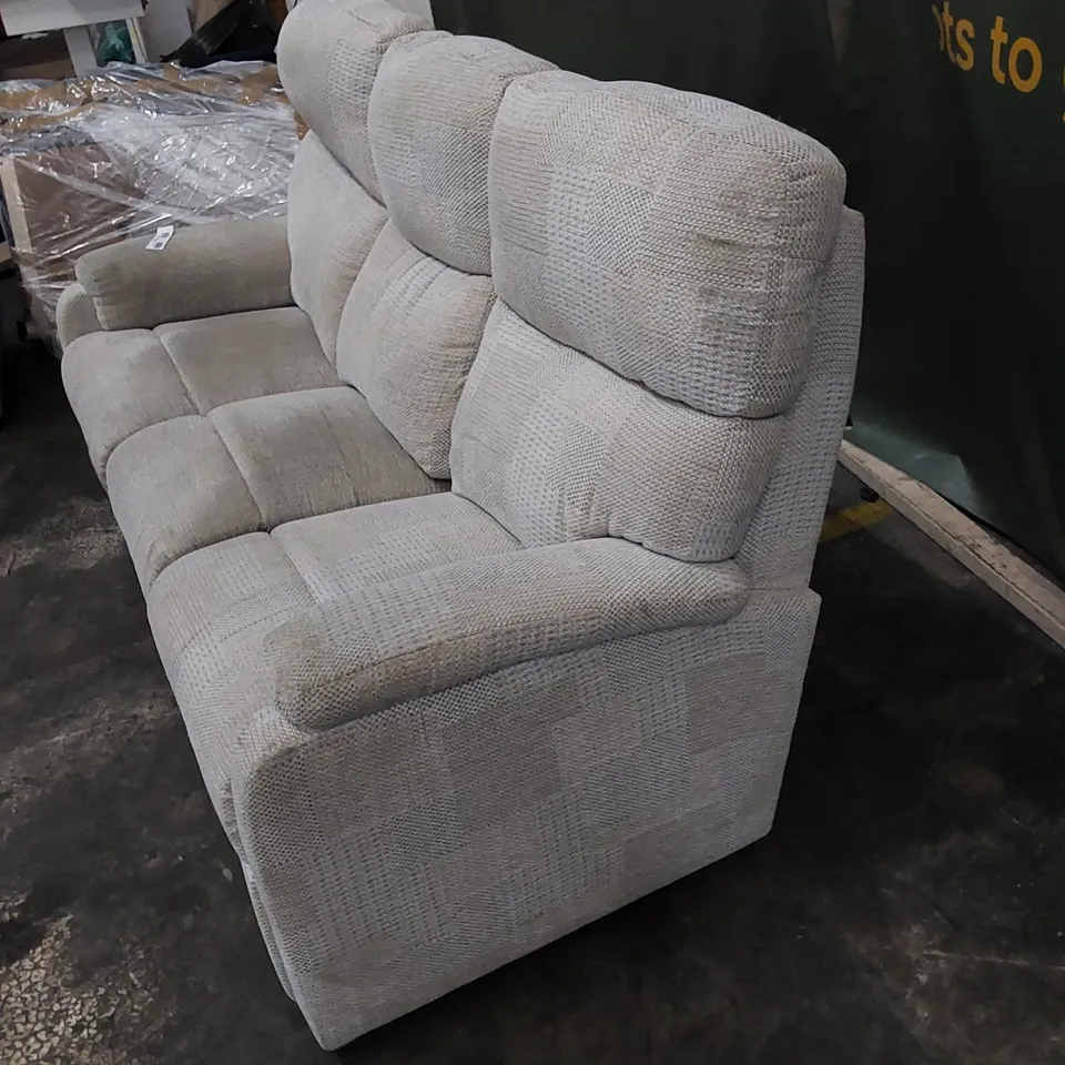 DESIGNER 3 SEATER SOFA UPHOLSTERED IN BEIGE FABRIC
