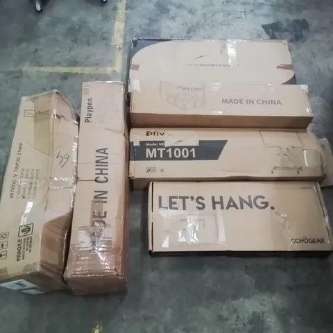 PALLET CONTAINING ASSORTED ITEMS TO INCLUDE: TV STANDS, PLAYPENS ECT