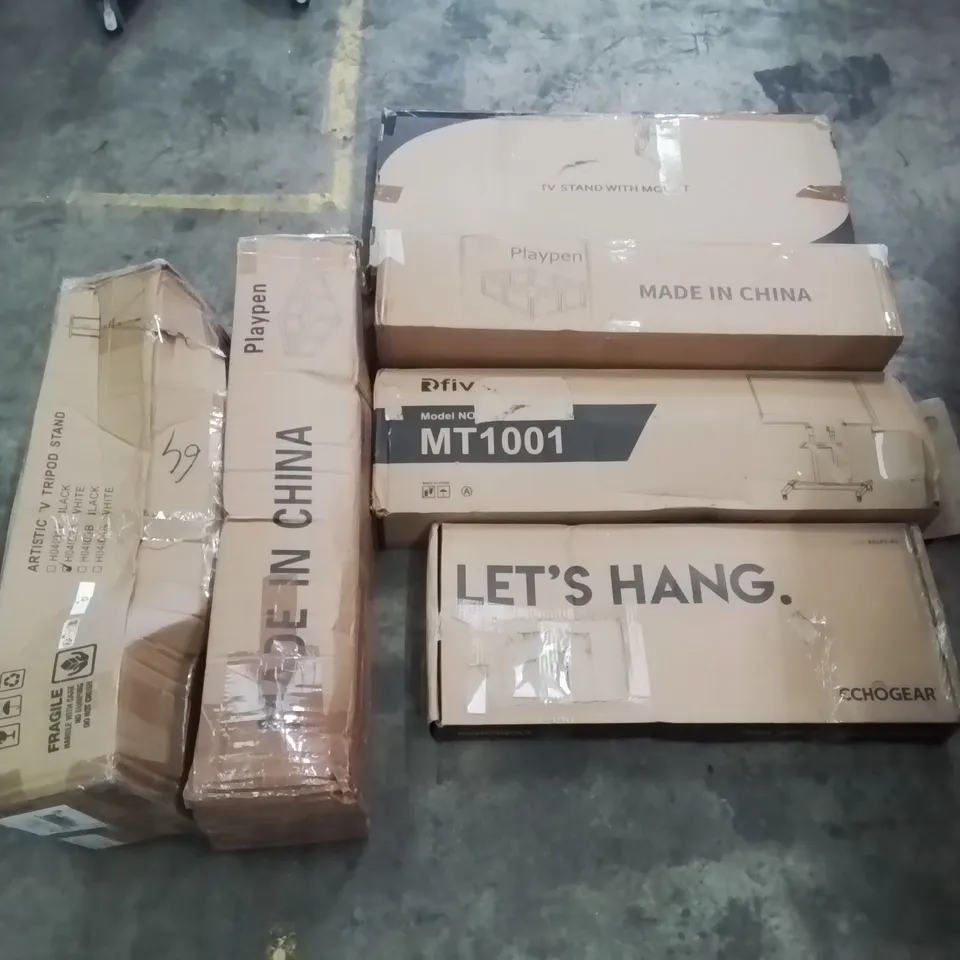 PALLET CONTAINING ASSORTED ITEMS TO INCLUDE: TV STANDS, PLAYPENS ECT