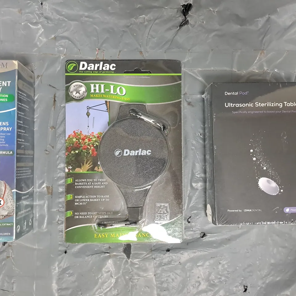 APPROXIMATELY 10 ASSORTED HOUSEHOLD ITEMS TO INCLUDE ULTRASONIC STERILIZING TABLETS, CAT DETERRENT SPRAY, ETC