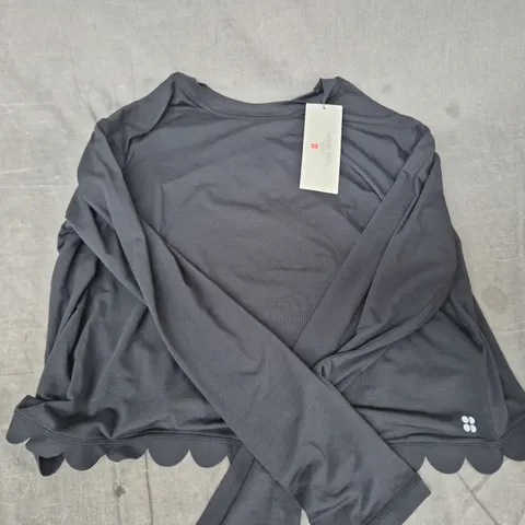 SWEATY BETTY BREATHE EASY SCALLOP LONG SLEEVE TOP IN BLACK SIZE SMALL