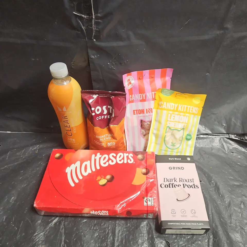 APPROXIMATELY 12 ASSORTED FOOD ITEMS TO INCLUDE - CANDY KITTENS ETON MESS - GRIND DARK ROAST COFFEE PODS - MALTEASERS CHOCOLATE - ETC