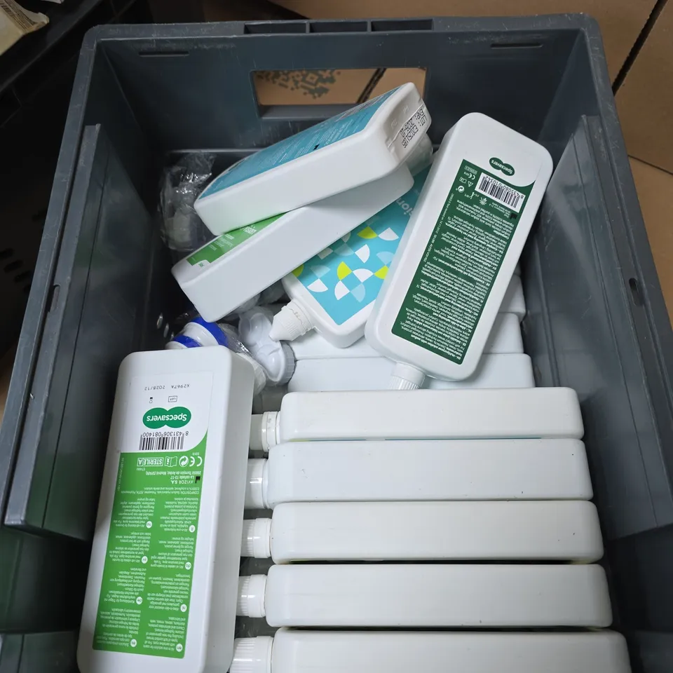 TOTE OF APPROXIMATELY 20 ASSORTED CONTACT LENS SOLUTIONS