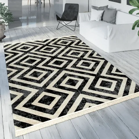 BRAND NEW PACO HOME 821 POCO RUG IN BLACK/WHITE - 80 x 250cm