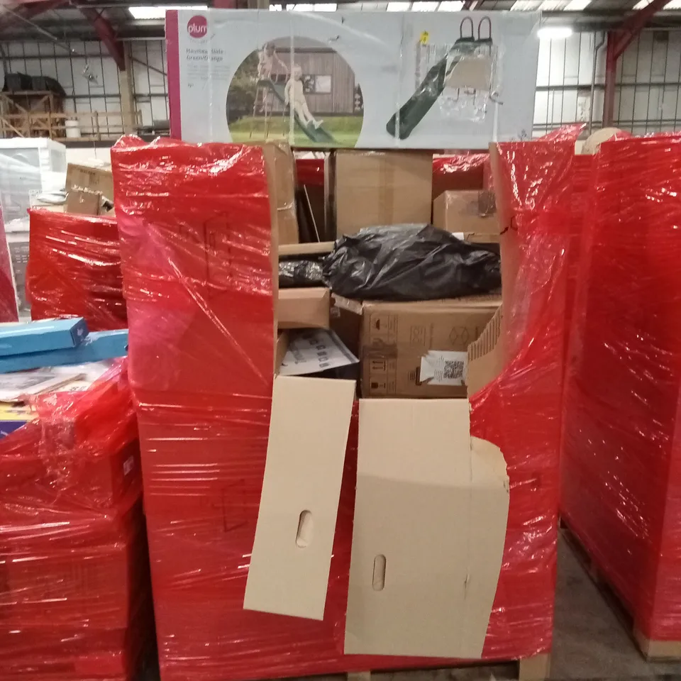 PALLET OF ASSORTED HOUSEHOLD GOODS AND PRODUCTS TO INCLUDE; SLIDE, MONITOR PROTECTORS, BOXED FURNITURE ETC
