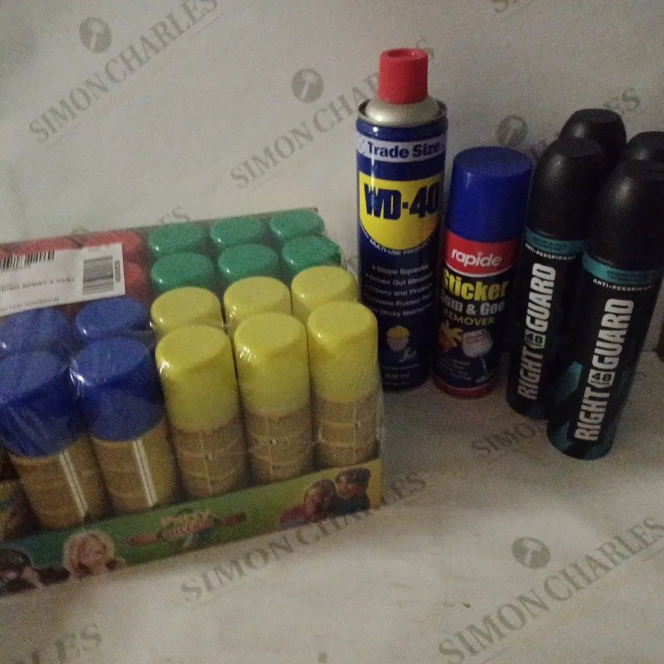 BOX OF HOUSEHOLD ITEMS TO INCLUDE SILLY STRING SPRAYS , RIGHT GUARD ANTI-PERSPIRANT , ETC