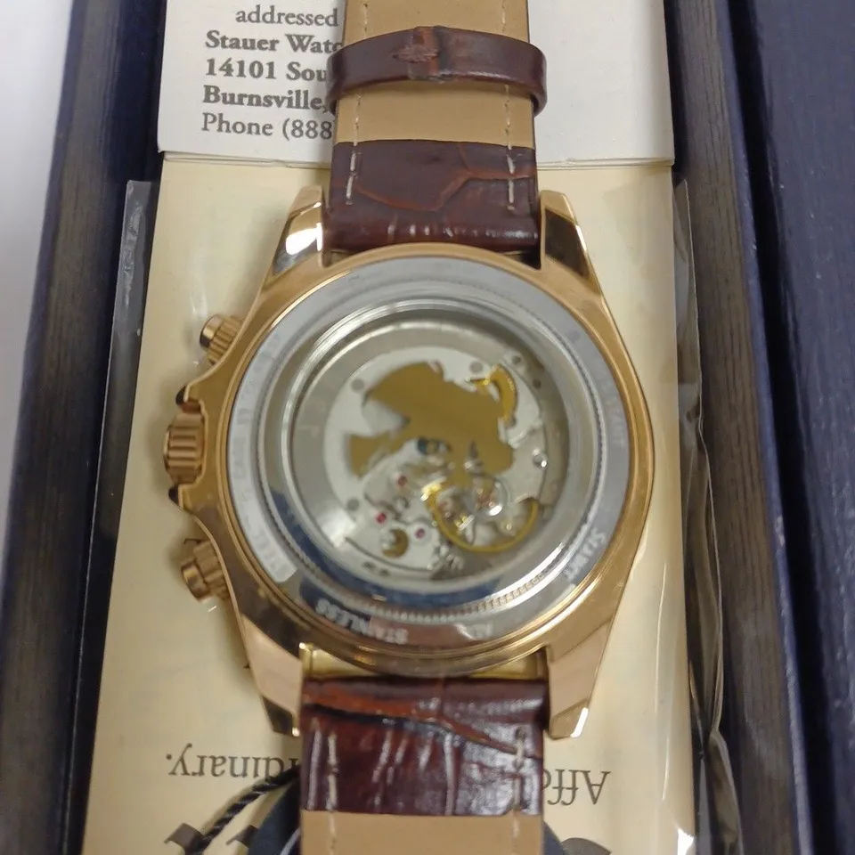 BOXED STAUER GENTS SPEEDWAY AUTOMATIC WATCH GENUINE LEATHER - BROWN & GOLD