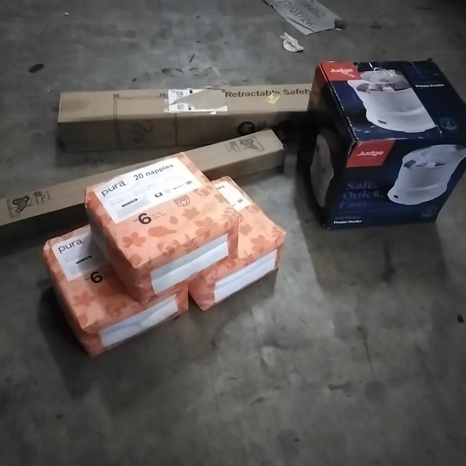 PALLET OF HOUSEHOLD ITEMS TO INCLUDE RETRACTABLE SAFETY GATE, POTATO PEELER, PULL UP BAR, NAPPIES AND OTHER ASSORTED ITEMS...
