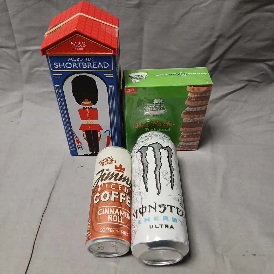 APPROXIMATELY 15 ASSORTED PRODUCTS TO INCLUDE; ELEVEN JIMMY ICED COFFEE CINAMON ROLL, M AND S ALL BUTTER SHORT BREAD, MONSTER ENERGY ULTRA AND ALFA PACK