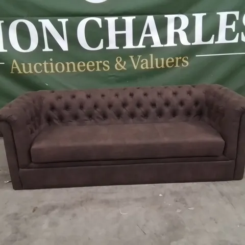 QUALITY DESIGNER CHESTER FABRIC UPHOLSTERED BUTTON BACK CHOCOLATE 3 SEATER SOFA