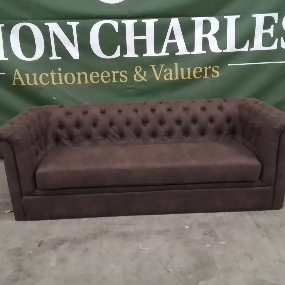 QUALITY DESIGNER CHESTER FABRIC UPHOLSTERED BUTTON BACK CHOCOLATE 3 SEATER SOFA