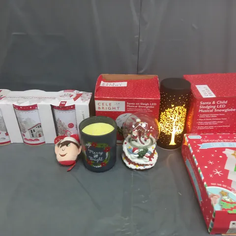 LOT OF ASSORTED ITEMS TO INCLUDE SNOW GLOBE, LIGHT UP TREE AND CANDLES