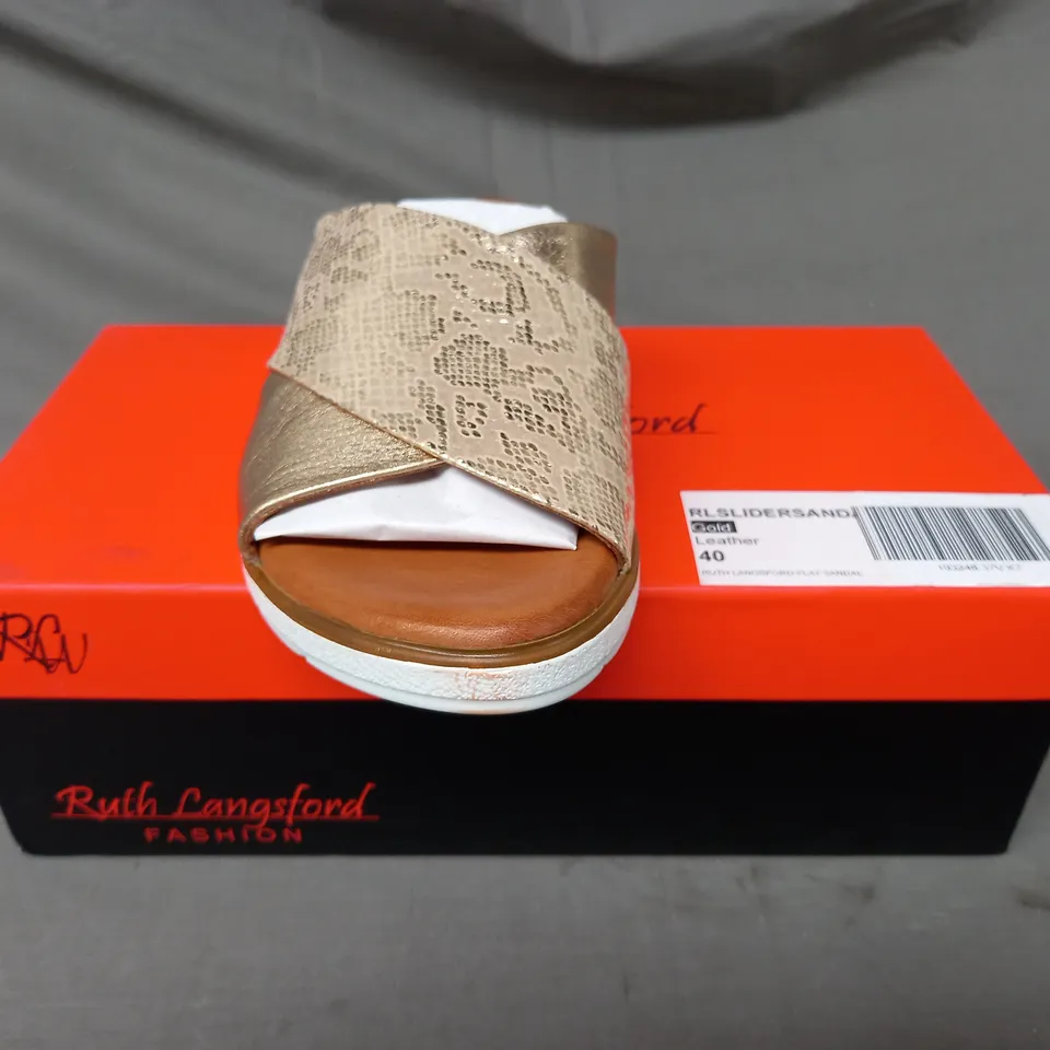 BOXED PAIR OF RUTH LANGSFORD FLAT SANDALS IN CHAMPAGNE GOLD SIZE 7