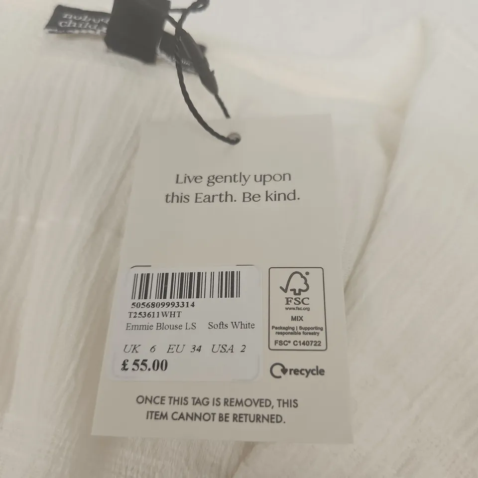 NOBODY'S CHILD EMMIE BLOUSE LS – WHITE, UK 6 (EU 34, USA 2) – WITH TAGS