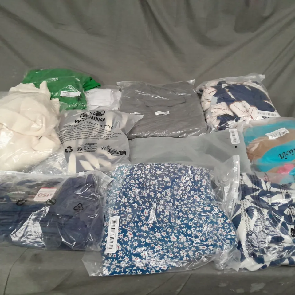 BOX OF ASSORTED CLOTHING ITEMS IN VARIOUS COLOURS, SIZES AND STYLES