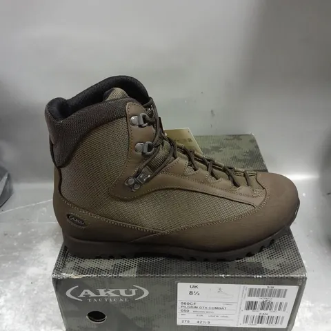 BOXED PAIR OF AKU TACTICAL PILGRIM GTX COMBAT BOOTS IN BROWN SIZE UK 8.5