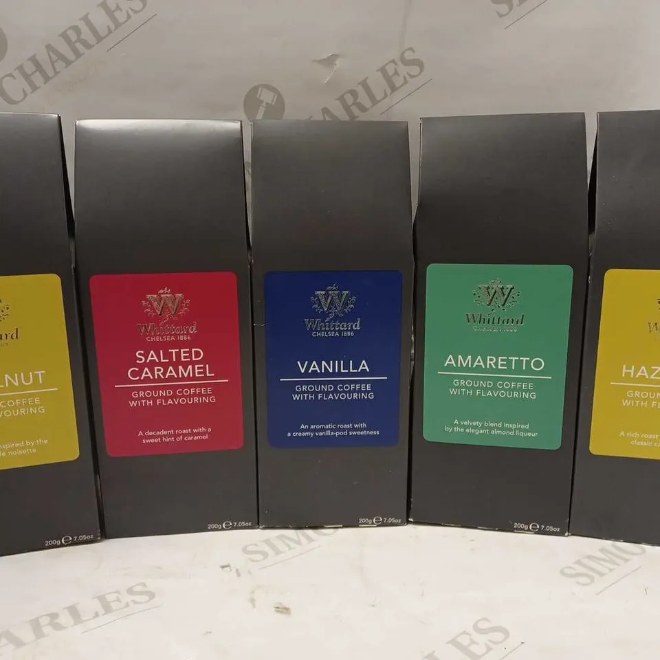 LOT OF APPROX 5 X 200G ASSORTED WHITTARD GROUND COFFEES TO INCLUDE HAZELNUT, SALTED CARAMEL, VANILLA, AMARETTO