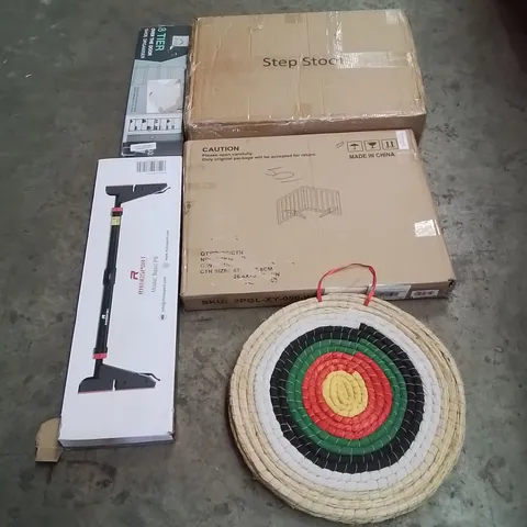 PALLET OF ASSORTED HOUSEHOLD GOODS AND PRODUCTS TO INCLUDE; DOORWAY CHIN-UP BAR, ARCHERY STRAW TARGET, SHOE RACKS, BOXED FURNITURE ETC