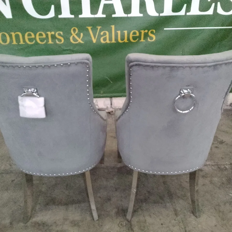 SET OF 2 NEW IMPERIAL GREY VELVET BUTTON BACK DINING CHAIRS (CHROME LEGS)