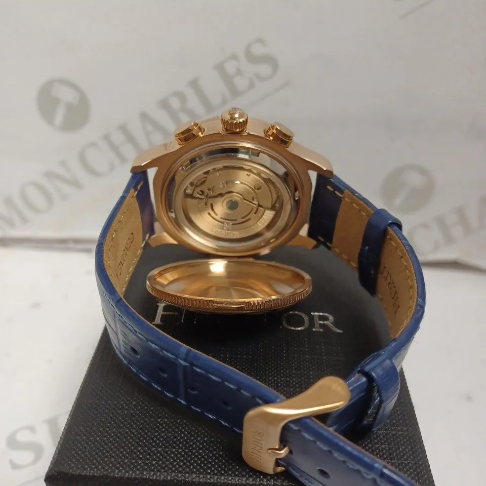 BOXED HERITOR WATCH - AUTOMATIC - STAINLESS STEEL FACE, LEATHER STRAP - WATER RESISTANT 5 ATM - HIDDEN SKELETON BACK. 