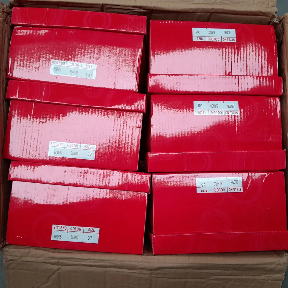 BOX OF APPROX 10 NATURAL MODA OPEN TOE HEELS IN BLANCO WITH VARIOUS SIZE