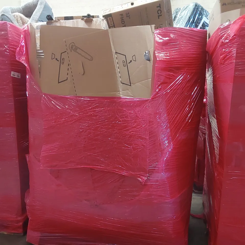 PALLET OF ASSORTED ITEMS INCLUDING: TCL 32" FHD TV, MINIFIRE 24" FHD MONITOR, BAMBOO BLINDS, BLANKET, BLINDS ECT