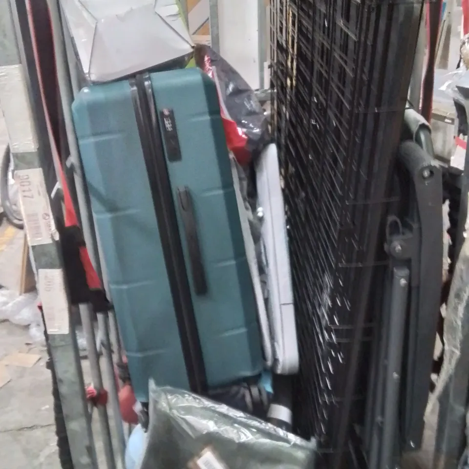 CAGE OF ASSORTED HOUSEHOLD GOODS AND PRODUCTS TO INCLUDE;DOG CAGE,SUITCASE,DUMBBELL,LAUNDRY BASKET 