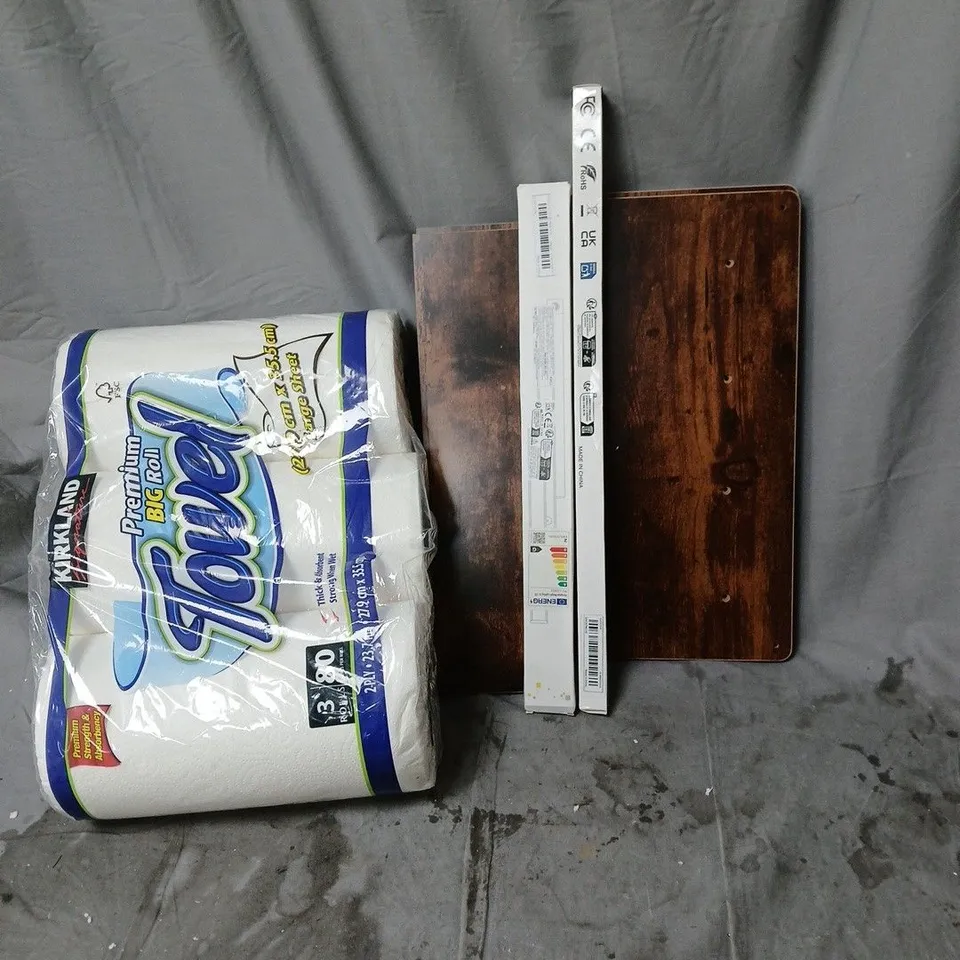 CAGE OF APPROXIMATELY 10 ASSORTED ITEMS TO INCLUDE FLAT PACK FURNITURE, KITCHEN TOWELS, UNDER CABINET LIGHTS ETC