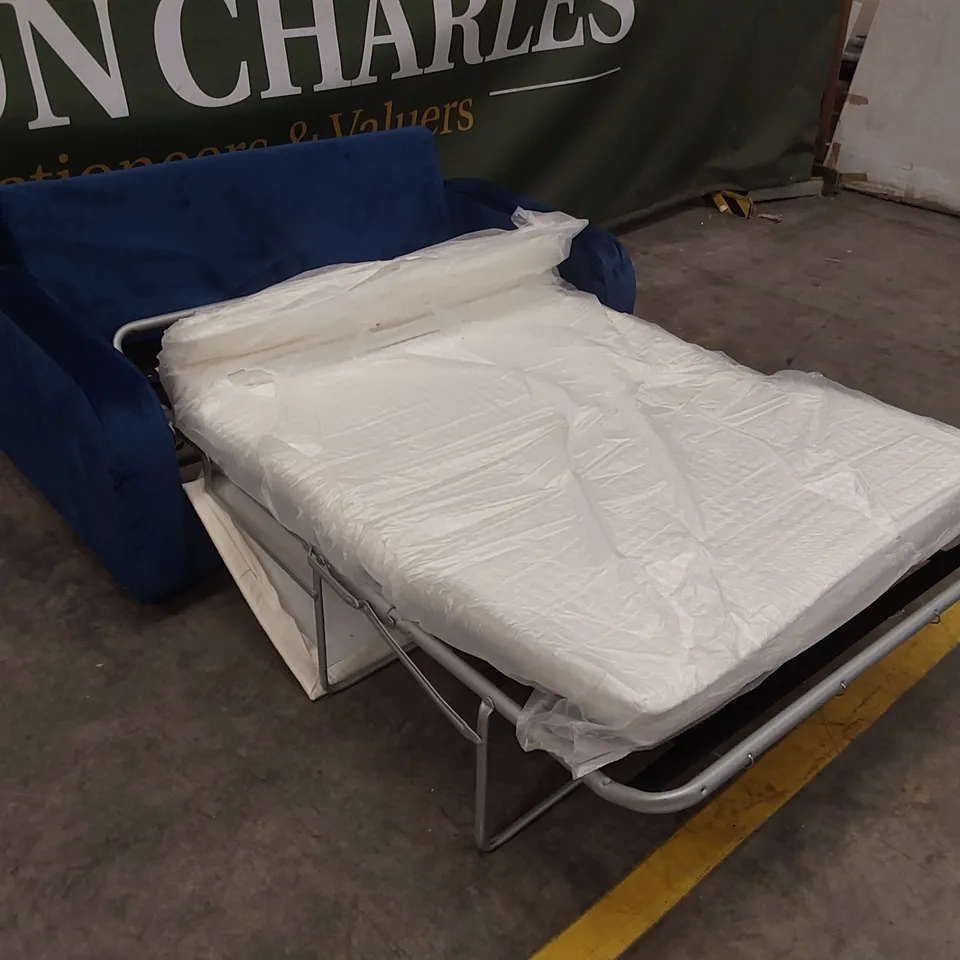 QUALITY DESIGNER BLUE VELVET SOFA BED