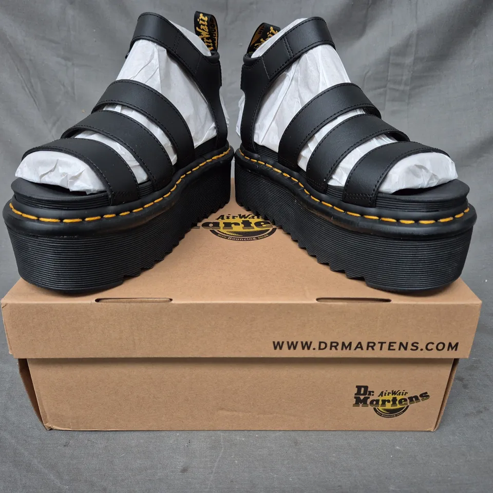 BOXED PAIR OF DR MARTENS BLAIRE QUAD PLATFORM OPEN TOE SANDALS IN BLACK UK SIZE 5