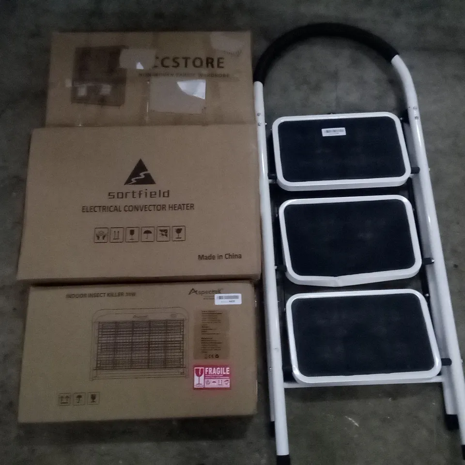 PALLET OF ASSORTED ITEMS INCLUDING 3 STEP LADDER, NON-WOVEN FABRIC WARDROBE, ELECTRICAL CONVECTOR HEATER, INDOOR INSECT KILLER 