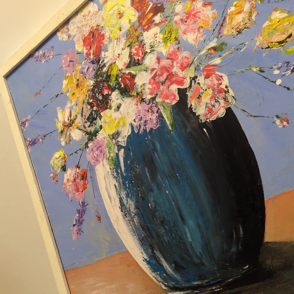 FRAMED FLORAL STILL LIFE PAINTING – BOUQUET IN BLUE VASE (JW SIGNATURE)