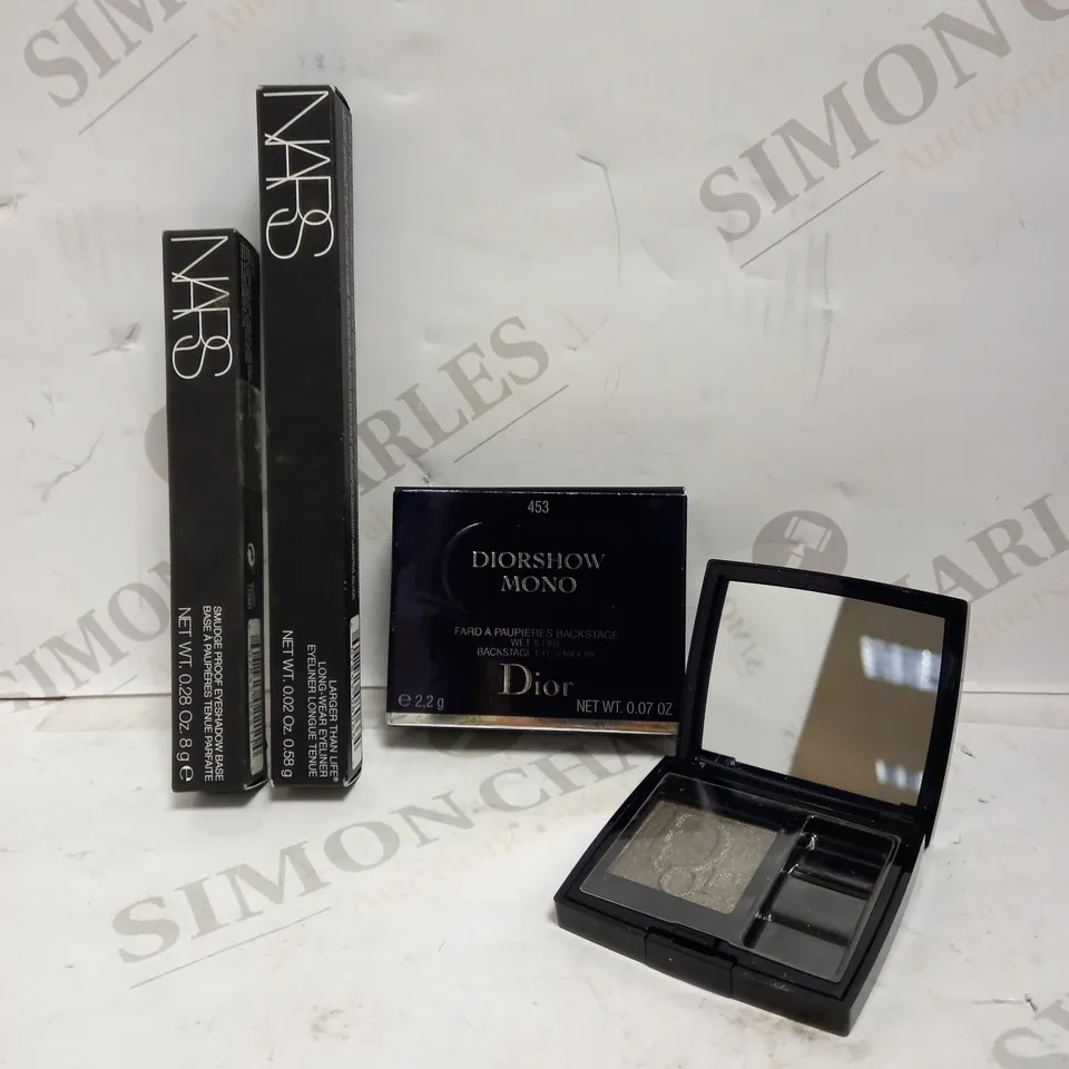 LOT OF 3 ASSORTED MAKEUP PRODUCTS TO INCLUDE DIOR EYESHADOW DIORSHOW MONO 453 SPENCER, NARS LARGER THAN LIFE EYELINER VIA DE MARTELLI 8066, NARS SMUDGEPROOF EYESHADOW BASE 2211